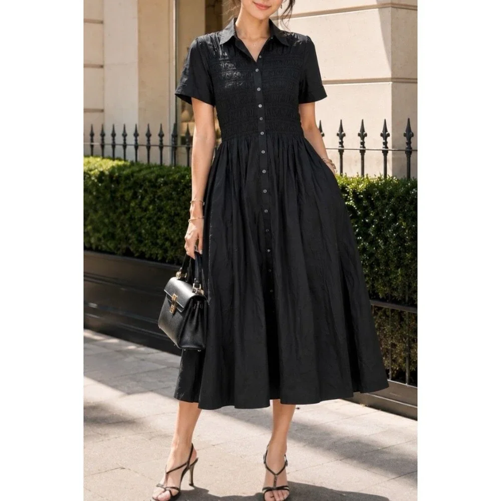 J Crew Elsie Shirt Dress Womens S Black Cotton Poplin Smocked Button Up Preppy